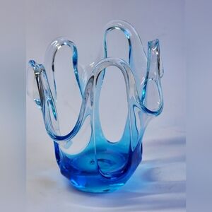 Open Scalloped/ Stretched Glass Candle Holder /Vase Teal Art Glass Decorative